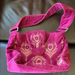 Old Navy peacock feather purple velvet bag